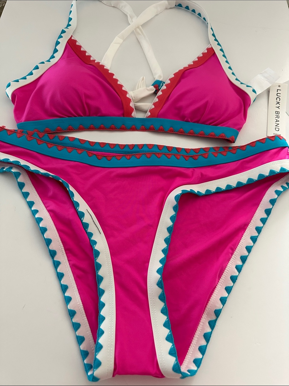 NWT Lucky Brand Two Piece Color Block Pink Embroidered Edge Bikini.